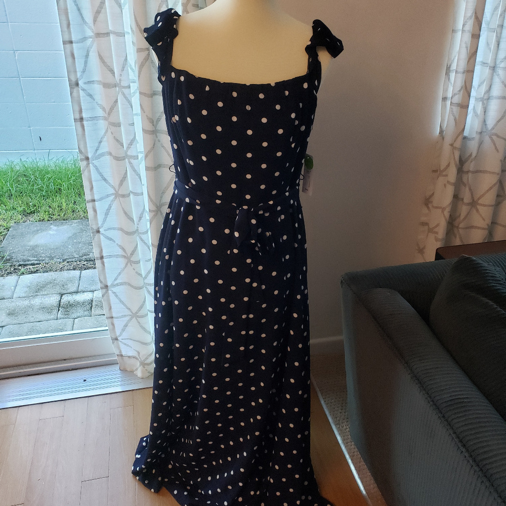 Navy blue polka dot off the shoulder dress